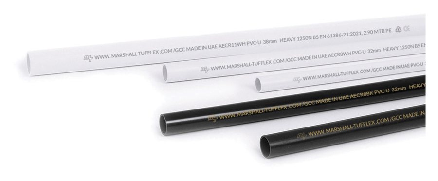 Marshall-Tufflex PVC-U conduit in white and black, printed to BS EN 61386-21 and made in the UAE